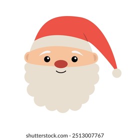Santa Claus face head icon. Red hat. Merry Christmas. New Year. Moustaches, round beard, brow. Cute cartoon funny kawaii baby character. Childish style. Flat design. White background. Vector