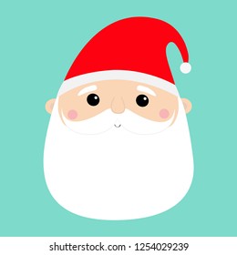 Santa Claus face head round icon. Merry Christmas. New Year. Red hat. White moustaches, beard. Cute cartoon funny kawaii baby character. Greeting card. Flat design. Blue background Vector illustration