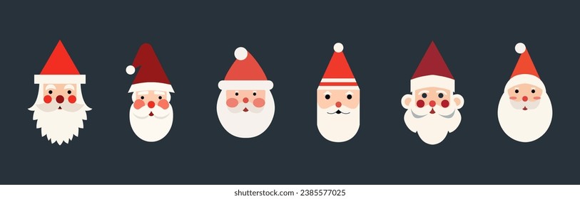 Santa Claus Face icons set. Santa claus heads in geometric flat style. Vector illustration.