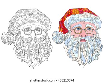 Santa Claus face isolated on white, illustration for coloring book.