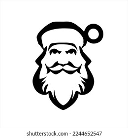 Plantilla de logotipo facial de Santa Claus. Icono de cara. Oso asiático. Cabeza aislada sobre fondo blanco. Cara de santa claus con barba y campana en la cabeza, blanco y negro