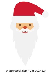 Santa Claus face with long white beard and red hat smiling. Vector illustration