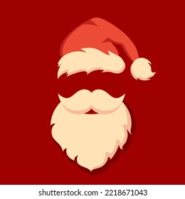 Santa Claus face mask, beard and hat vector cartoon on red background. Holiday flat illustration of santa claus face emoticon.