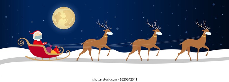 Santa Claus in face mask riding in reindeer sleigh. New Year 2021 concept. Vector illustration.