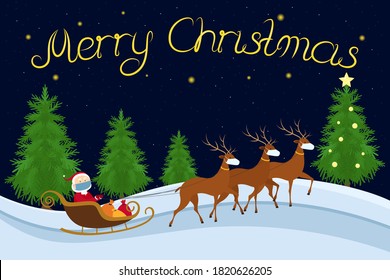 Santa Claus in face mask riding in reindeer sleigh. Conceptual Christmas card. Vector illustration.