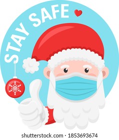 Santa claus with face mask and thumbs up vector symbol isolated. Stay safe corona christmas concept