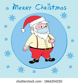 Santa Claus in face mask and transparent protective ball surrounded by virus, microbes. Measures to protect against coronavirus on holiday. Merry Christmas and happy New year in quarantine, pandemic