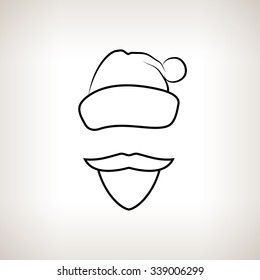 Santa Claus Face on a Light  Background,  Santa Claus  with a Beard, Mustache and Hat without a Face,   Drawing in Linear Style , Black and White Vector Illustration