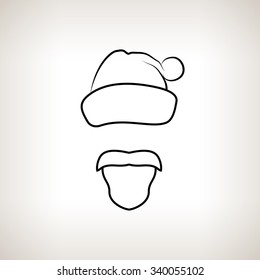 Santa Claus Face on a Light  Background ,  Santa Claus  with a Beard, Mustache and Hat with Pompon without a Face, Christmas Decorations, Linear Style , Vector Illustration