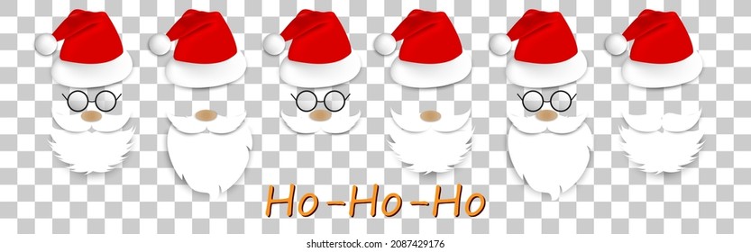 Santa Claus face.Set of realistic Santa Claus icon.Happy New Year and Marry Christmas concept. Santa hat,beard,moustache,glasses template . Santa character.Christmas elements.Vector on transparent.