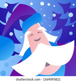Santa Claus face in a red hat with big white Osamine against a violet sky with snowflakes and white Christmas trees