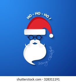 Santa Claus face with red hat, beard and message HO-HO-HO, Merry Christmas.