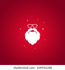 Santa claus face silhouette with beard, hipster glasses and snowflakes  isolated on red background. Label for party or greeting card. Vector flat illustration. Merry christmas clip art.