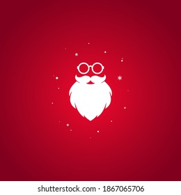 Santa claus face silhouette with beard, hipster glasses and snowflakes  isolated on red background. Label for party or greeting card. Vector flat illustration. Merry christmas clip art.