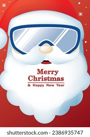 Santa Claus face in ski goggles. Merry Christmas and Happy Ney Year. Vector illustration.