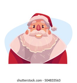 Santa Claus face, smiling facial expression, cartoon vector illustrations isolated on blue background. Santa Claus emoji with wide smile, white teeth. Happy, glad, smiling face expression