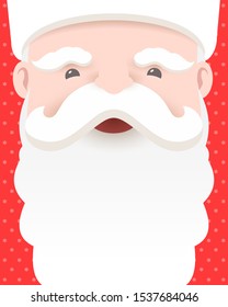 Santa Claus face smiling, poster. Merry Christmas and happy new year 2020. Design for greeting card, banner, poster. Vector illustration. Isolated on red background.