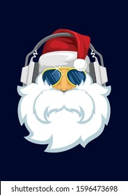 Santa Claus face in stylish glasses and headphones listening to music against a dark blue background. You can use it as a screen saver or to create a greeting card, banner, poster, logo or decoration.