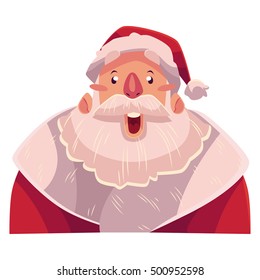 Santa Claus face, surprised facial expression, cartoon vector illustrations isolated on white background. Santa Claus emoji surprised, shocked, amazed, astonished. Surprised face expression