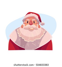 Santa Claus face, upset, confused facial expression, cartoon vector illustrations isolated on blue background. Santa Claus feeling upset, concerned, confused frustrated.