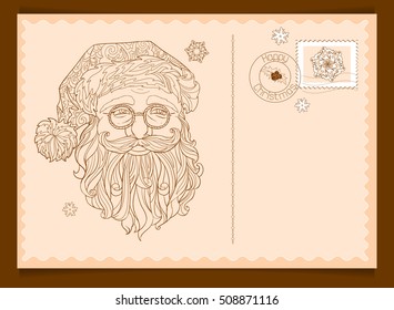 Santa Claus face. Vintage Christmas and Happy New year greeting postcard template.