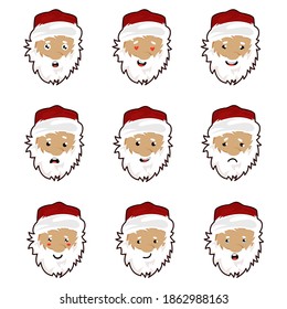 Santa Claus Face with White Beard Expressing Different Emotions Vector Set. Head of Santa as Merry Holiday Character Concept