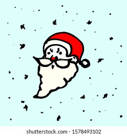 Santa Claus face in a wintry snowing Christmas day. Hand drawn vector illustration. 