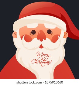 Santa Claus face wishes a Merry Christmas. Santa Claus is walking and holding a bag, walking in the snow. Winter background for holiday season design. Vector illustration
