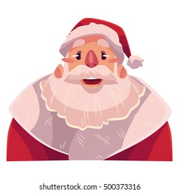 Santa Claus face, wow facial expression, cartoon vector illustrations isolated on white background. Santa Claus emoji surprised, amazed, astonished. Surprised, wow face expression