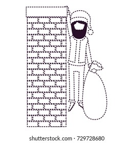 santa claus faceless caricature full body hanging of chimney brick fireplace and holding a gift bag with hat and costume on dotted monochrome silhouette vector illustration