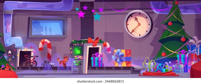 Santa Claus factory workshop with gift conveyor vector background. Present machine work line for Christmas and New Year toy wrapping. Automated manufacture and xmas production interior activity