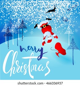 Santa Claus fall from sleigh with harness on the reindeer. Vector illustration. Chtistmas lettering. EPS10