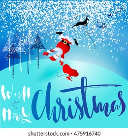 Santa Claus fall from sleigh with harness on the reindeer. Vector illustration. Chtistmas lettering. EPS10