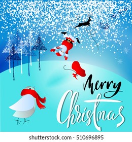 Santa Claus fall from sleigh with harness on the reindeer. Vector illustration. Chtistmas handwritten lettering. EPS10