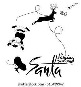 Santa Claus fall from sleigh with harness on the reindeer. Black and white vector illustration. Santa is coming to town.