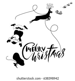 Santa Claus fall from sleigh with harness on the reindeer. Black and white vector illustration. Christmas lettering.