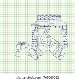 Santa Claus fallen from chimney through fireplace, showing thumbs up. Hand drawn vector illustration