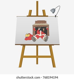 Santa Claus fallen from chimney through fireplace, showing thumbs up. Hand drawn vector illustration