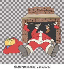 Santa Claus fallen from chimney through fireplace, showing thumbs up. Hand drawn vector illustration