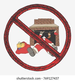 Santa Claus fallen from chimney through fireplace, showing thumbs up. Hand drawn vector illustration