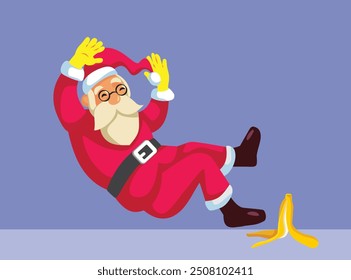 
Papá Noel cayendo en una caricatura de Vector de cáscara de plátano. Anciano descuidado cometiendo un error usando su traje rojo 
