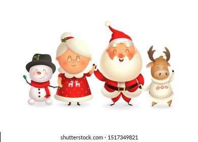 Santa Claus with family celebrate holidays - Moose, Snowman and Mrs Claus - vector illustration isolated on transparent background