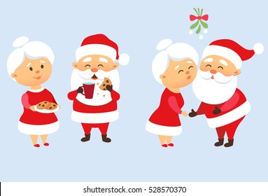 Santa Claus family Christmas set. Santa kiss his wife Mrs. Claus under mistletoe. Romantic tradition. Father Frost eating a cookie and drinking milk. Xmas character design