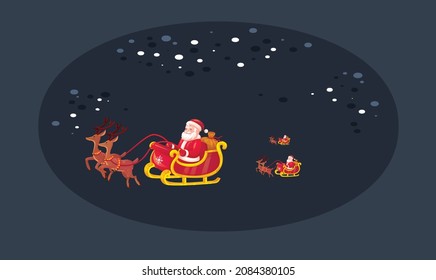 Santa Claus family travelling in abstract sky background