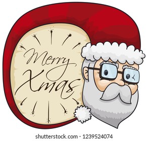 Santa Claus with fancy eyeglasses and long red hat covering a scroll with some sprinkles drawn on it for Christmas celebration.