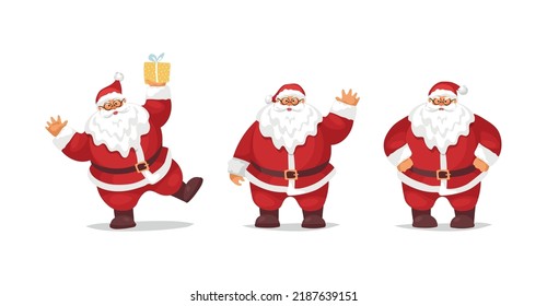 Weihnachtsmärchen-Ikone-Set, Cartoon-Weihnachtsfigur. Papa Noel tanzt mit einem Geschenk, einem wütenden und fröhlichen St. Nikolaus. Flaches Cartoon-Design, Vektorgrafik einzeln auf Weiß.