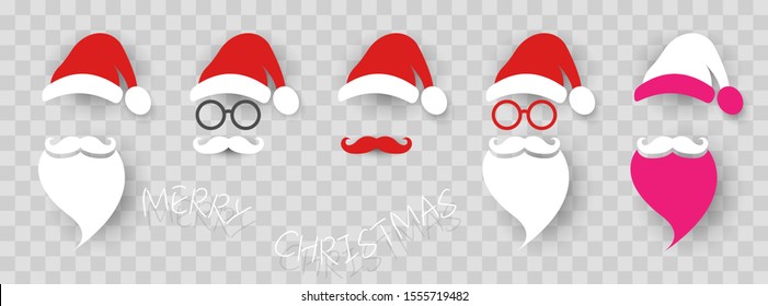 Santa Claus fashion hipster style set icons. Santa hats, moustache and beards, glasses. Christmas elements for your festive design. Vector illustration isolated transparent background 