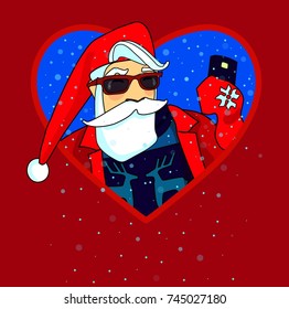Santa Claus fashionable and handsome hipster in glasses makes photo and from the frame in the shape of a heart is snowing, this is a Christmas card with space for text, vector illustration.