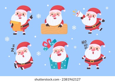 Santa Claus. Fat man with a white beard. Wear a red costume in various poses. To give gifts on Christmas Day. Vector Illustration.