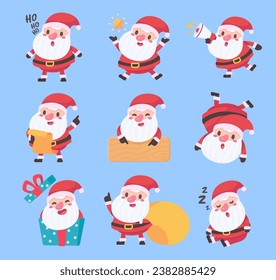Santa Claus. Fat man with a white beard. Wear a red costume in various poses. To give gifts on Christmas Day. Vector Illustration.